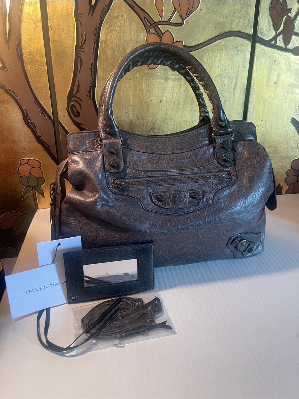 Balenciaga Metallic Charcoal Gray Braided-Handle Satchel Beautiful Vintage